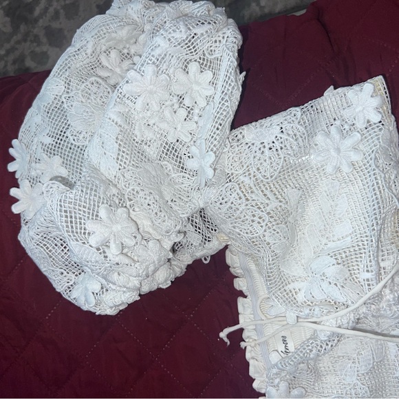 For Love & Lemons White Floral Lace SKIRT AND Puff Sleeve CROP TOP SET - Picture 9 of 10